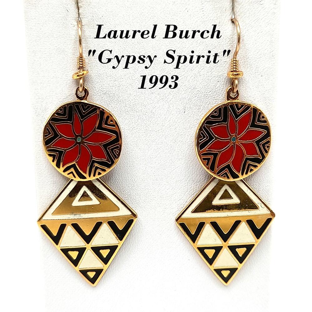 Laurel Burch Gypsy Spirit 1993 Cloisonne Dangle Earrings Floral Gold